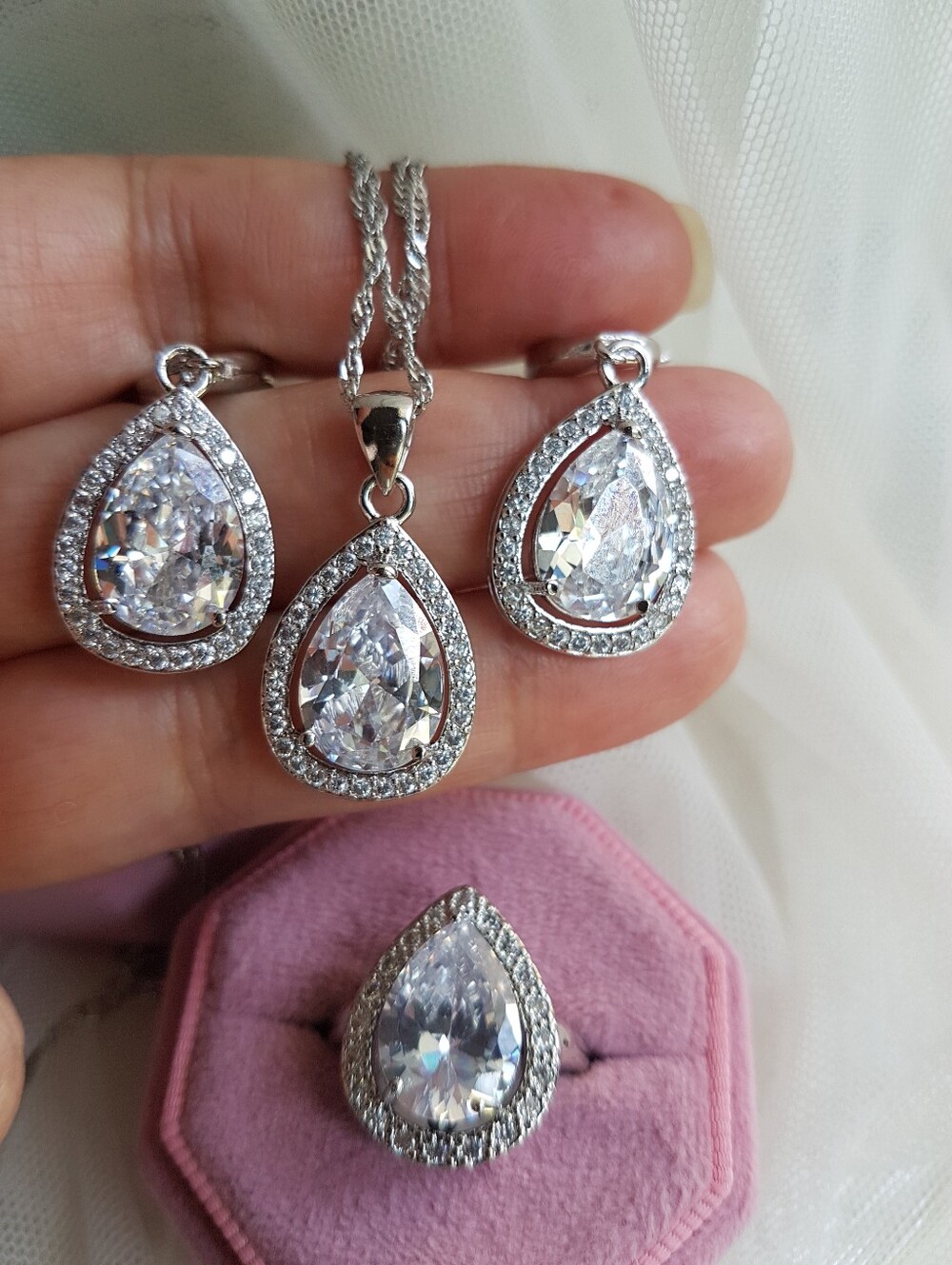Swarovski Elements 925 Sterling Silver Large White Teardrop Halo Necklace NEW - Picture 8 of 12